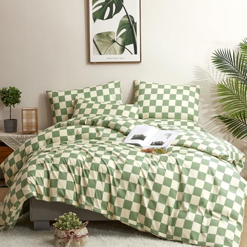 CLOTHKNOW Green White Plaid Twin Duvet Cover Set Grid Bedding Sets Geometric Comforter Cover Checkered Bedding Duvet Cover Sets Soft Green Bedding Twin