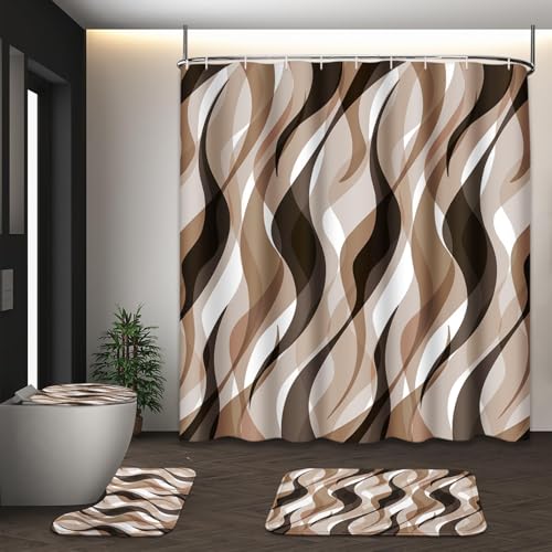 Tayney Brown Shower Curtain Set with Toilet Lid Cover and Non-Slip Rugs for Bathroom, Geometric Lines Ombre 4 Pcs Shower Curtain, Simple Abstract Modern Bathroom Set with 12 Hooks