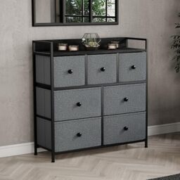 Vida Designs Chorley 7 Drawer Chest Of Drawers Fabric Storage Organizer Unit With Wood Top, Metal Frame & Handles - Ideal For Bedroom, Living Room, Nursery - Grey & Black