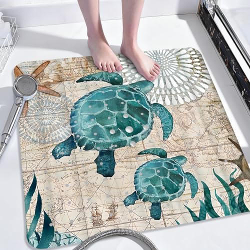 Sea Turtle Square Anti Slip Shower Mats for Inside Shower Accessories, Cute Bath Mats for Bathroom Non Slip Shower Floor Mat Decor Rubber Bathmat With Suction and Drain Holes Machine Washable, 21???X21???