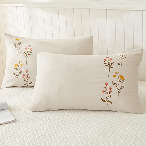 Flower Pillowcases, Cream Pillow Cases Set of 2, 100% Washed Microfiber, Boho Chic Farmhosue Embroidered Flower Pillow Cover, 2 Pack (Queen, Beige Flower)