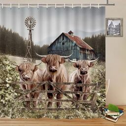 Yadshoti Highland Cattle Shower Curtains Rustic Farmhouse Windmill Barn Animal Three Cows Wooden Fence Farm Forest Scenery Country Themed Bathroom Decor Fabric Curtain Set 70 x 70 Inch with Hooks