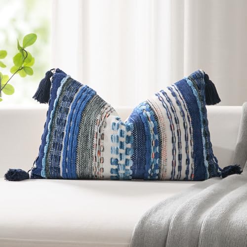 Kevin Textile 12x20 Inch Lumbar Throw Pillow Cover 1 Pack Boho Decorative Soft Chenille Thread Woven Tufted Textured Rectangle Cushion Case Farmhouse Accent for Living Room Couch Sofa Bed, Blue