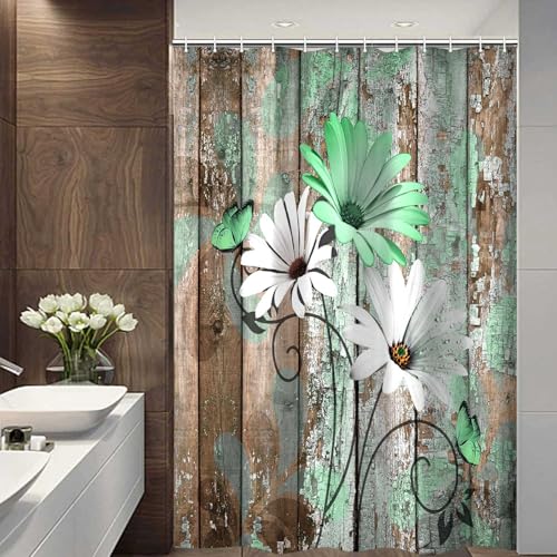 JAWO Farmhouse Flower Floral Shower Curtain, Rustic Green Daisy Shower Curtain Set, Country Green Wild Garden Plant Fabric Shower Curtain with Hooks, Brown Wooden Board Bathroom Curtain, 47x64inch