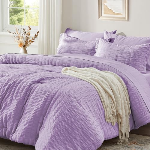 Full Size Comforter Sets 7 Piece,Light Purple Bed in a Bag Full Bedding Set - Zzlpp Seersucker OEKO-TEX Certified Down Alternative Comforter with Breathable sheets&pillowcases,Lightweight,All Season
