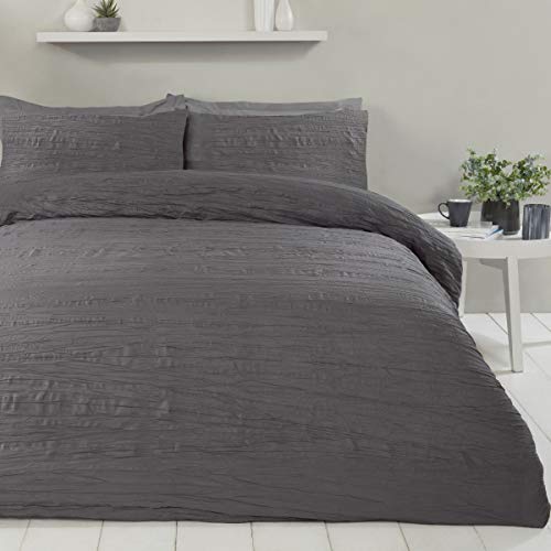 Sleepdown Super Soft Textured Crinkle Charcoal Grey Luxury Duvet Cover Quilt Bedding Set with Pillowcases - Double (200cm x 200cm)