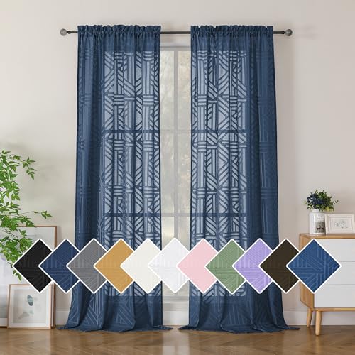 Simplebrand Navy Blue Semi Sheer Curtains 96 Inches Long 2 Panels, Light Filtering Geometric Jacquard Clip Textured Sheer Curtains for Living Room???Modern Elegant Window Curtains Drapes???42x96 inch