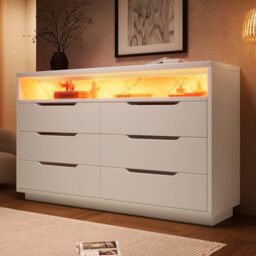 Ball & Cast Modern 120 cm Sideboard for living room with 6 Drawers, Cupboard Storage Cabinet with RGB LED Lighting & Shelves & Open Cubby(Marbled), Bedroom Dining Room Office, 40x120x85 cm, White