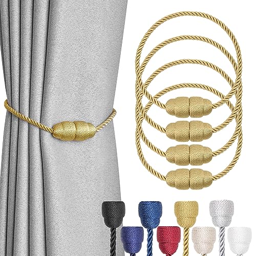 NICEEC 4 Pack Strong Magnetic Curtain Tiebacks Handmade Weave Side Rope Curtain Holdbacks Unique & Elegant Decorative Curtain Drape Tie Backs for Home & Office & Outdoor Window Drapery (Gold)
