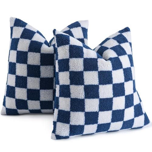 AmHoo Pack of 2 Decorative Throw Pillow Covers Checkerboard Luxury Super Soft Faux Fur Wool Set Case Cushion for Couch Sofa Bedroom 20 x 20-Inch Navy Blue