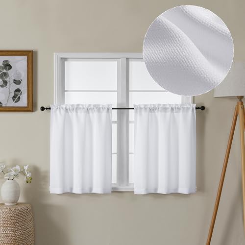 Lecloud Bessie White Curtains 24 Inch Length 2 Panels, Faux Linen Light Filtering Cafe Kitchen Curtains Tiers, Window Treatments for Bedroom Bathroom, Each 30 W x 24 L
