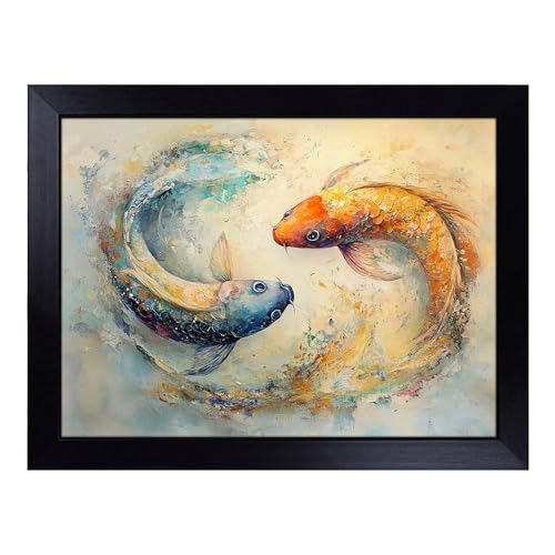 Lap Tray with Bean Bag Cushion, Vintage Koi Fish Vol - Handmade in the UK, Raised Wooden Edge, Padded Cushion, Heat-Resistant Wipe-Clean Surface, for Meals, Laptops and Crafts