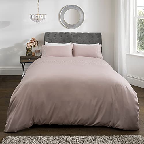 Sleepdown Gem Embellished Sateen Duvet Cover Quilt and Pillow Cases Bedding Set Soft Cosy, Polyester, Blush Pink, King (230cm x 220cm)