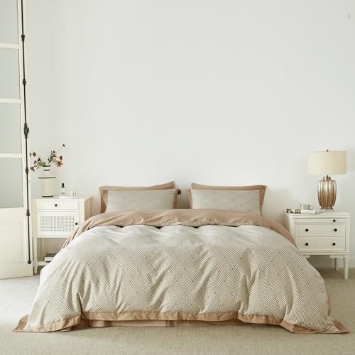 SUSYBAO Taupe Stripe Geometric Duvet Cover Queen 100% Cotton 3 Pieces Set 1 Khaki Striped Hemmed Patterned Duvet Cover with Zipper Ties 2 Pillow Shams Farmhouse Soft Geometric Bedding Set Cozy