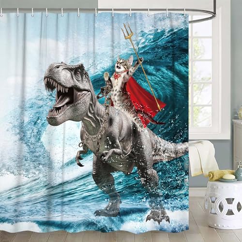 JAWO Fun Cat Dinosaur Ocean Wave Shower Curtain, Cat Riding Dinosaur, 72x75 Inch, Blue