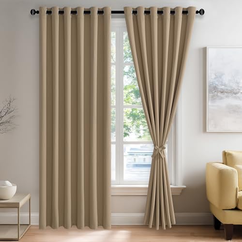 JIUZHEN Blackout Curtains with Tiebacks - Thermal Insulated, Light Blocking and Noise Reducing Grommet Curtains for Bedroom and Living Room, Set of 2 Window Curtain Panels, 70 x 84 Inch Length???Camel