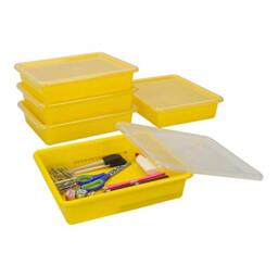 Storex Letter Size Flat Storage Tray ??? Organizer Bin with Non-Snap Lid for Classroom, Office and Home, Yellow, 5-Pack (62538A05C)