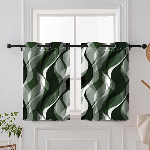 DORCEV Dark Green Wave Lines Window Curtains Abstract Art Aesthetic Gradient Green Blackout Curtains Geometric Thermal Insulated Room Darkening Window Drapes Kitchen Curtains,26x24 inch,2 Panels