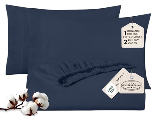 ROYALE LINENS 300 Thread Count 100% Long Staple Combed Cotton 3 Piece Full 1 Fitted Sheet, 2 Pillow Cases - Breathable, Cool & Crisp Percale Sheet Set (Full, Navy)