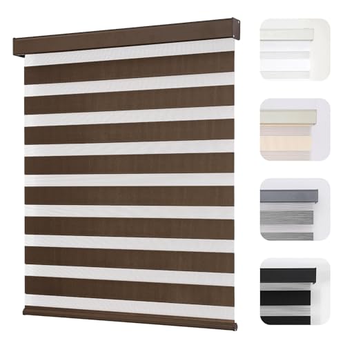 "Joydeco Cordless Zebra Blinds for Windows, Dual Layer Light Control Window Blinds with Light-Proof Aluminum Cover, Free-Stop Roller Shades for Home & Office (Coffee,36"" W x 75"" H)"