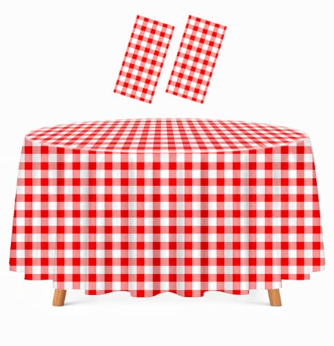 HEIPINIUYE 2 Pack Red Gingham Tablecloth Disposable 84 x 84 Inch Round Red and White Plaid Plastic Table Cover Disposable Table Cloth for Party Birthday Picnic Christmas Checkered Tablecloths