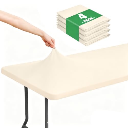 "Moosfor Spandex 6 Foot Rectangle Table Cloth 4 Pack, Elastic Fitted Tablecloths for Picnic, Stretch Washable Patio Table Cover for Outdoor, Camping, Banquet and Parties (Beige, 30""x72"")"