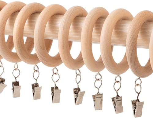 "Wooden Curtain Rings with Clips, Farmhouse Drapery Clips, Wooden Curtain Rings (12"", 1.4"" Inner Diameter)"