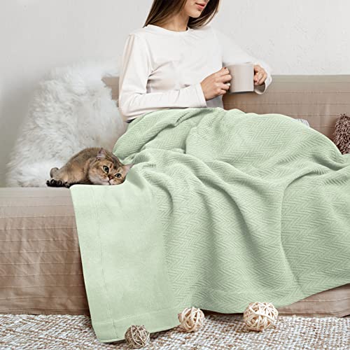 THREAD SPREAD Organic GOTS Cotton Blanket, Full/Queen - 350 GSM, Antistatic, Fuzzy Soft, Lightweight, Sofa, Camping & Travel, Perfect Herringbone All Seasons Throw, Sage Green + Stylish Bonus Tote Bag