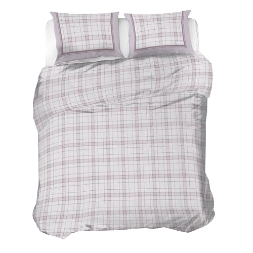PENSIERI DELICATI 100% Cotton Flannel Double Duvet Cover Set, 250 x 200 cm Bag and Pillowcase 52 x 82 cm, Made in Italy, Machine Washable at 40 Degrees, Pink Turin Pattern