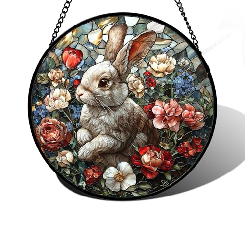 DASTOLL Stained Glass Window Hanging - Cute Rabbit Flowers Suncatcher Ready to Hang Window Doors Home Decoration, Christmas, Mother's Day Birthday Gifts for Women, Men, and Mom 6.3x6.3 in