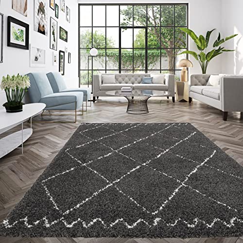 Rugs Essentials Berber Shaggy Rug – Soft and Comfortable, Easy Care, 100% Polypropylene, Ethnic Style, 160 x 230 cm, Thickness 30 mm, Black – White