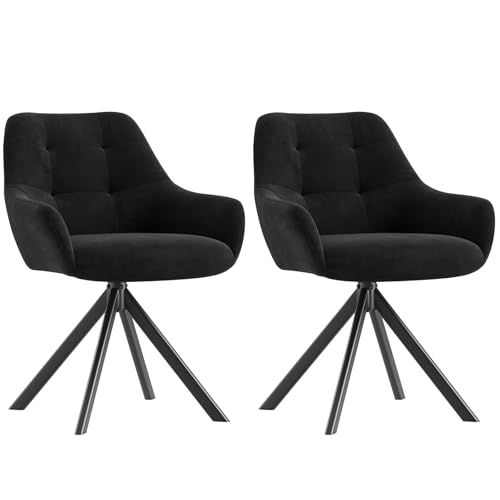 COLAMY 360° Swivel Dining Chairs Set of 2 with Sturdy Metal Base – Luxury Velvet Upholstered Kitchen Chairs with Thick Padded Seat, Button-Tufted Backrest for Home, Dining Room, or Café,Black