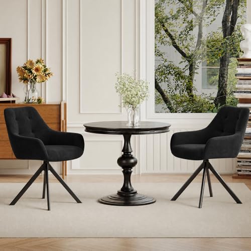 COLAMY 360° Swivel Dining Chairs Set of 2 with Sturdy Metal Base – Luxury Velvet Upholstered Kitchen Chairs with Thick Padded Seat, Button-Tufted Backrest for Home, Dining Room, or Café,Black