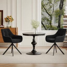COLAMY 360° Swivel Dining Chairs Set of 2 with Sturdy Metal Base – Luxury Velvet Upholstered Kitchen Chairs with Thick Padded Seat, Button-Tufted Backrest for Home, Dining Room, or Café,Black