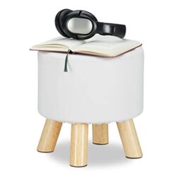 Relaxdays Faux Leather Stool, Padded, 4 Wooden Legs, Flat Footstool, Round Vanity Stand, H x D: 30 x 31 cm, White