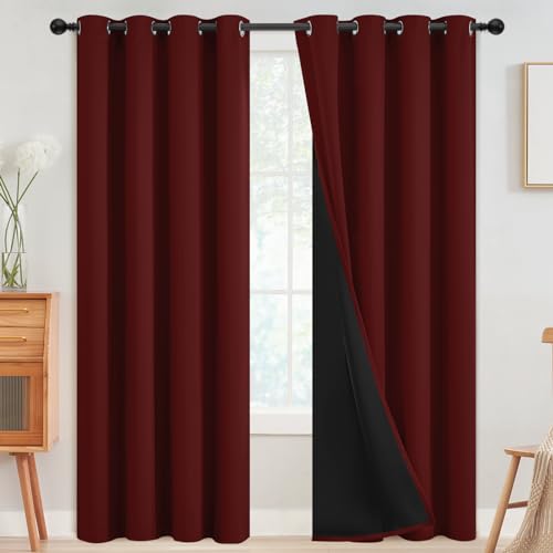 SimpleHome Burgundy Red 100% Blackout Curtains Room Darken Living Room 63 - Curtains for Bedroom,Thermal Insulated Grommet Window Drapes,Curtains for Living Room with Black Back,52 x 63 Inch,2 Panels