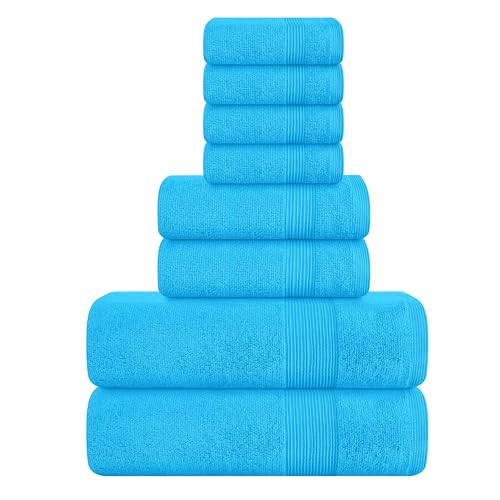 Elvana Home 8 Piece Towel Set 100% Ring Spun Cotton, 2 Bath Towels 27x54, 2 Hand Towels 16x28 and 4 Washcloths 13x13 - Ultra Soft Highly Absorbent Machine Washable Hotel Spa Quality - Turquoise Blue