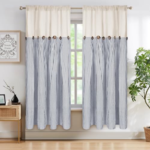 ASPMIZ Cotton Linen Farmhouse Curtains Boho Rustic Button Drapes, Linen Window Curtain Panels, Blue Stripe Country Curtains for Bedroom Living Room, Modern Rod Pocket Curtain 52 x 63 Inch, 2 Panels