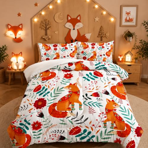 XYNHML Cartoon Fox Comforter Set 3-Pieces Cute Fox Bedding Set Plants Leaves Printed Quilt Set for Kids Boys Girls with 2 Pillowcases Queen