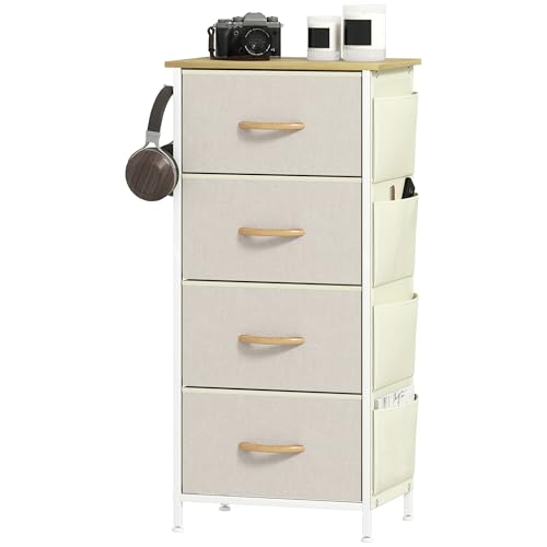 HOMCOM Chest of Drawers, Dresser for Bedroom with 4 Fabric Drawers, Tall Storage Unit with 4 Pockets, 2 Hooks and Steel Frame for Living Room, Hallway, Beige