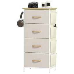 HOMCOM Chest of Drawers, Dresser for Bedroom with 4 Fabric Drawers, Tall Storage Unit with 4 Pockets, 2 Hooks and Steel Frame for Living Room, Hallway, Beige