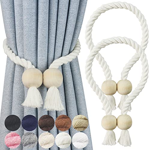 Nieffeiy 2 Pack Magnetic Curtain Tiebacks Cotton Hand Woven Tie Back Decorative Rope Holdbacks for Curtains Draperies No Tools Required, Cream