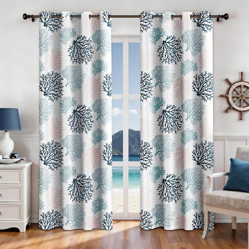 weesire Nautical Coastal Curtains Decorative Beach Ocean Coral 50% Light Blocking Sea Darkening Grommet Curtain for Villa Living Room, Bedroom Navy Blue and White 2 Panels Set, 52x63 Inches