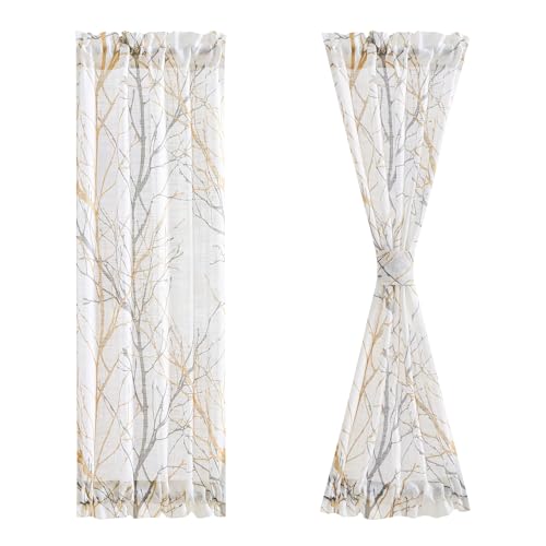 FMFUNCTEX Sheer Sidelight Front Door Curtains 40 Inches Long White Yellow Branch Tree Half Print Curtain for Patio Doors with Matching Tiebacks 24 Inches Wide 2 Panels Set