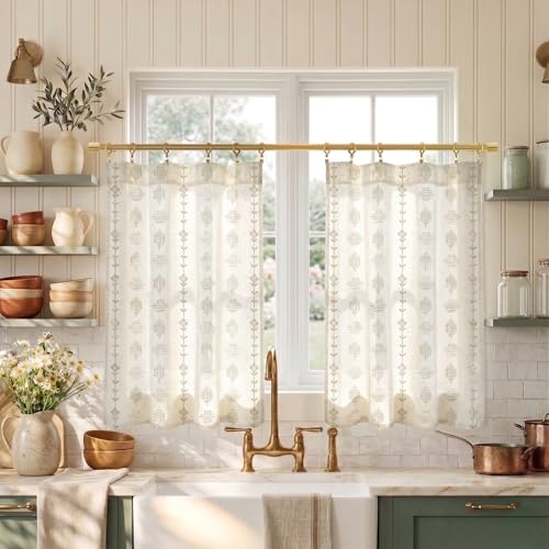 Lino Rosa Small Window Curtains for Kitchen,Farmhouse Sheer Whimsical Boho Half Curtains for Windows,Tan Beige