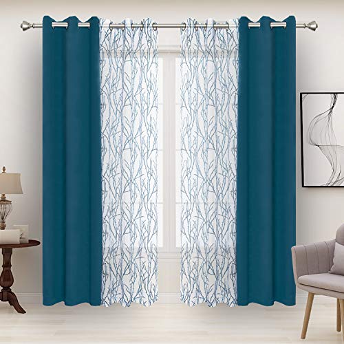 Bonzer 4 Panels Set Mix and Match Curtains for Bedroom Living Room - 2 Pieces Branch Print Sheer Curtains & 2 Pieces Blackout Curtains Privacy Grommet Window Drapes, 37x84 Inch/Panel, Teal