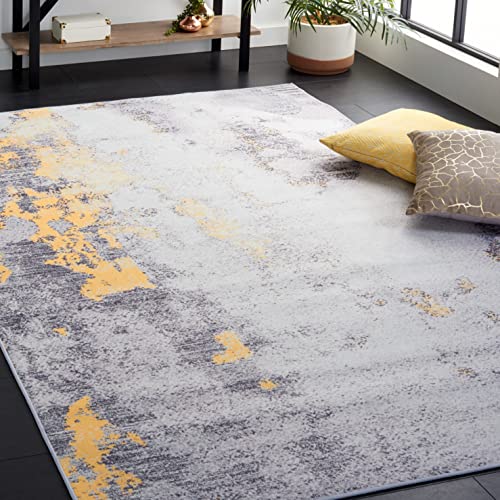 Safavieh Abstract Rug Ideal for High Traffic Areas - Machine Washable and Non Slip - Tacoma Collection, Short Pile, in Grey and Gold, 120 X 120 cm