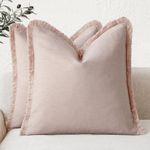 Foindtower Set of 2 Soft Decorative Linen Cushion Covers with Fringe, Boho Style Cushion Covers with Tassels for the Sofa, Chair Bed, Living Room, Home Decor, 41 x 41 cm