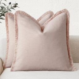 Foindtower Set of 2 Soft Decorative Linen Cushion Covers with Fringe, Boho Style Cushion Covers with Tassels for the Sofa, Chair Bed, Living Room, Home Decor, 41 x 41 cm