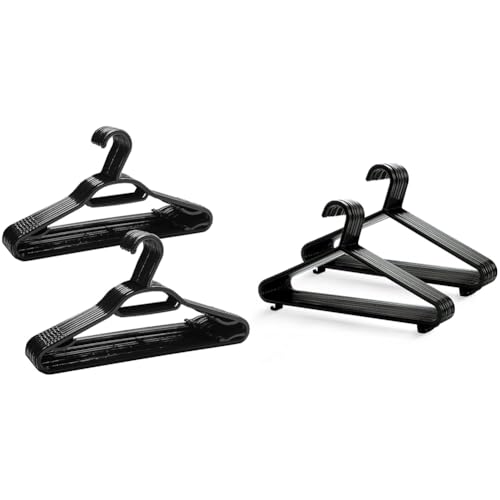 KEPLIN 60 Pack 5-in-1 Clothes Hangers ??? Adult Plastic Coat Hangers for Wardrobe & Adult Plastic Coat Hangers - 25pk, Black Colour, Strong Clothes Hangers for Clothes Rail & Closet, Clothing Hange